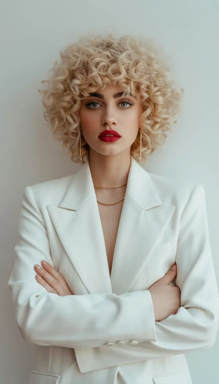 christmas party hairstyles trends 2025 Curly Confidence in White