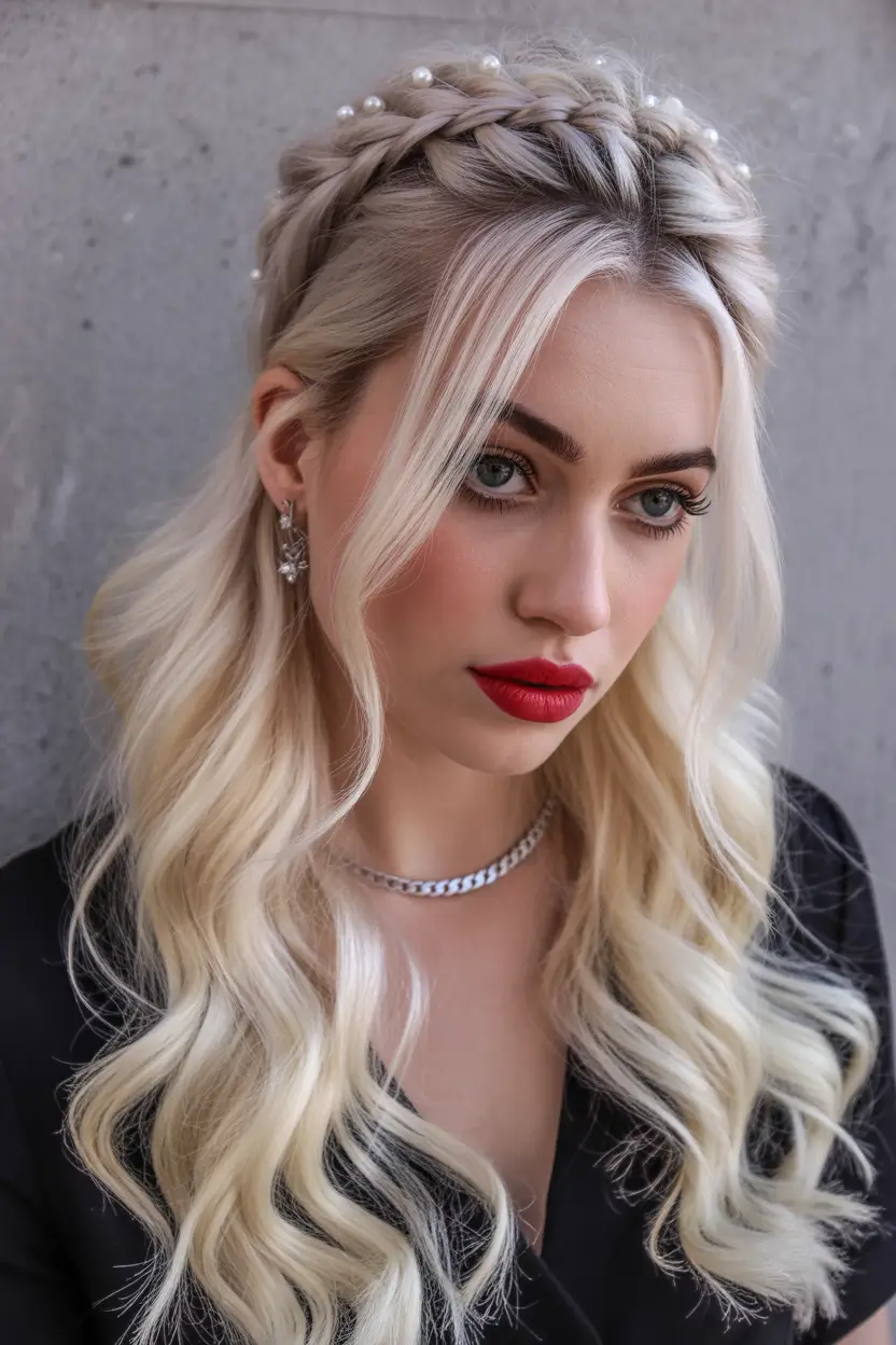 christmas party hairstyles trends 2025 Pearl-Crowned Braids