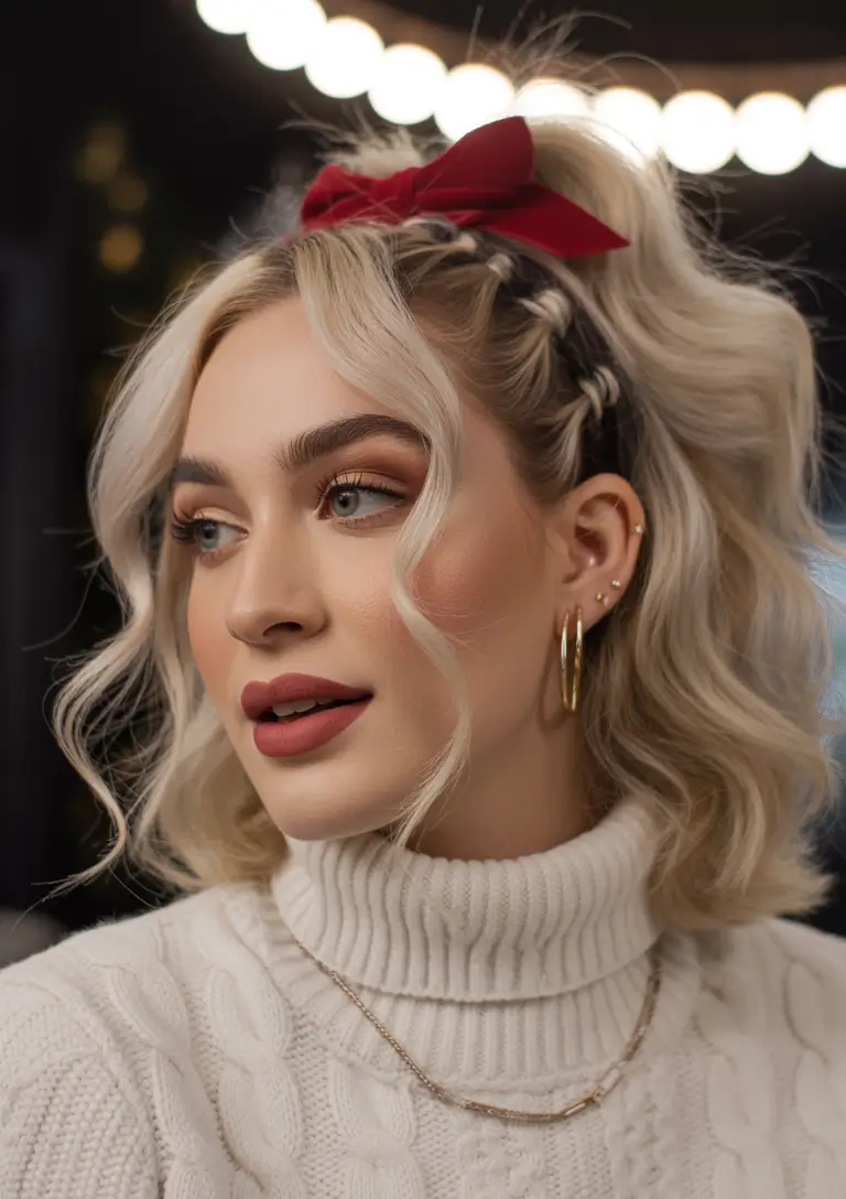 christmas party hairstyles trends 2025 Modern Retro with a Red Bow Twist