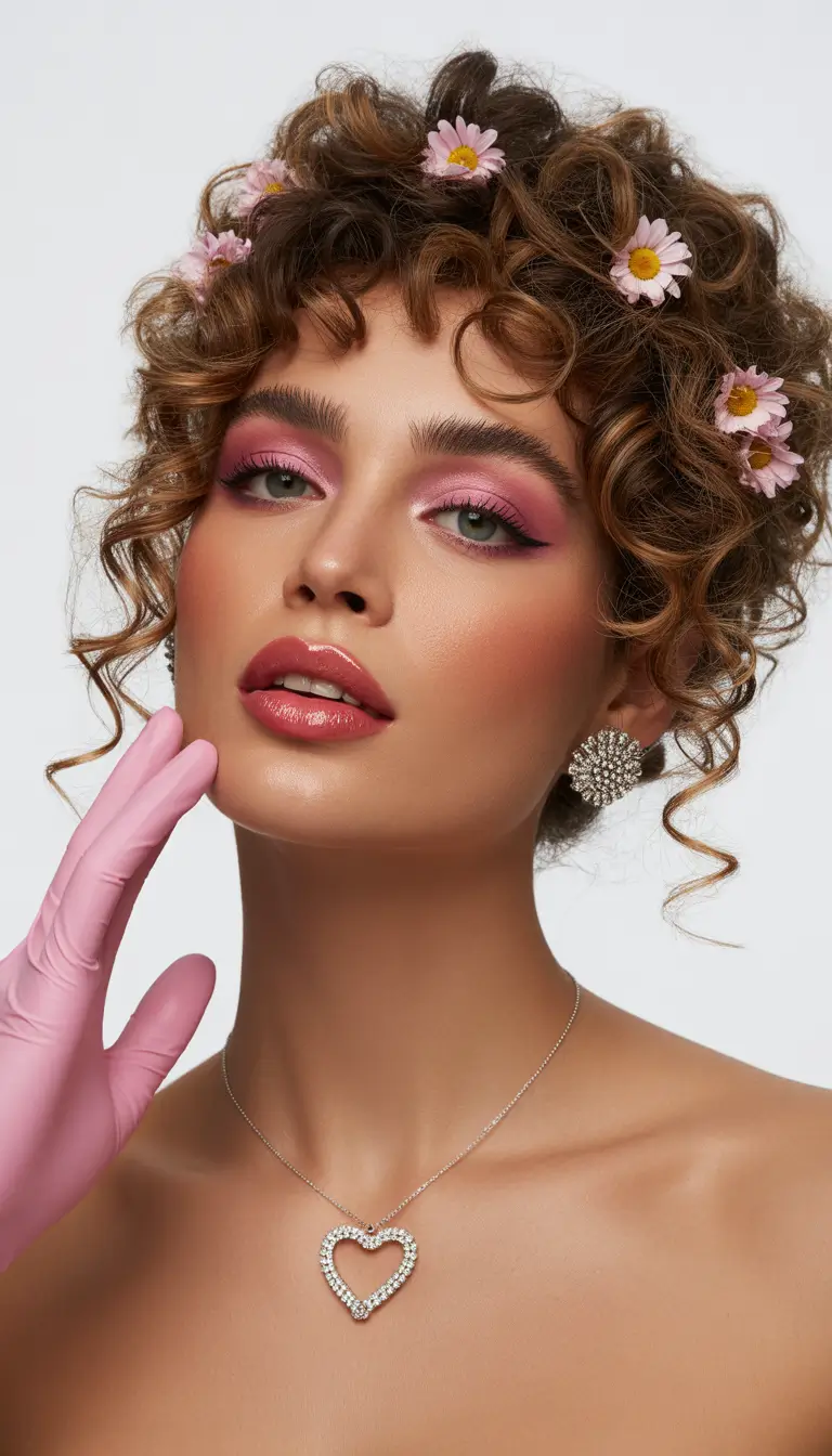 christmas party hairstyles trends 2025 Soft Curls with Floral Whimsy