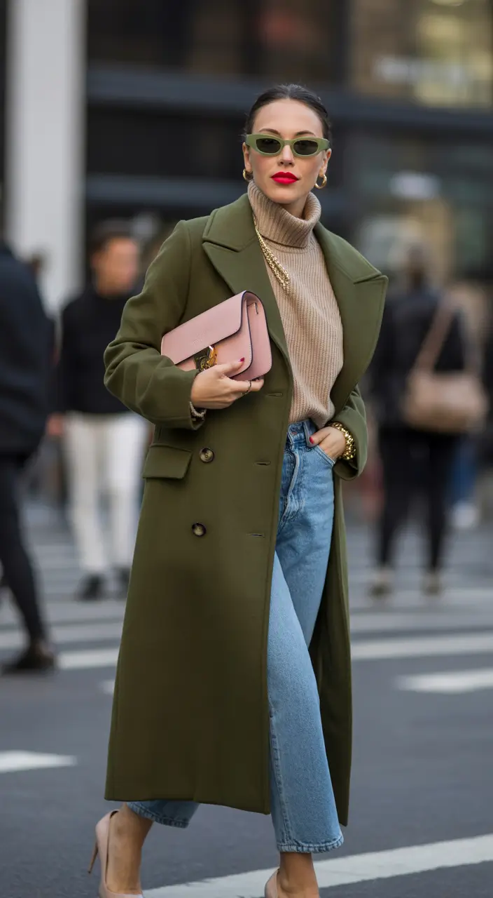 cold weather outfits 2026 Olive Sophistication with a Pop of Pink