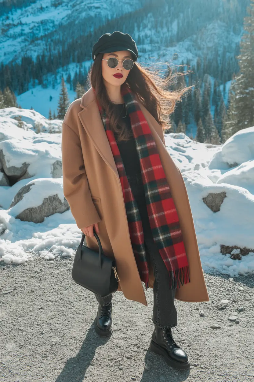 cold weather outfits 2026 Mountain Chic with a Pop of Red