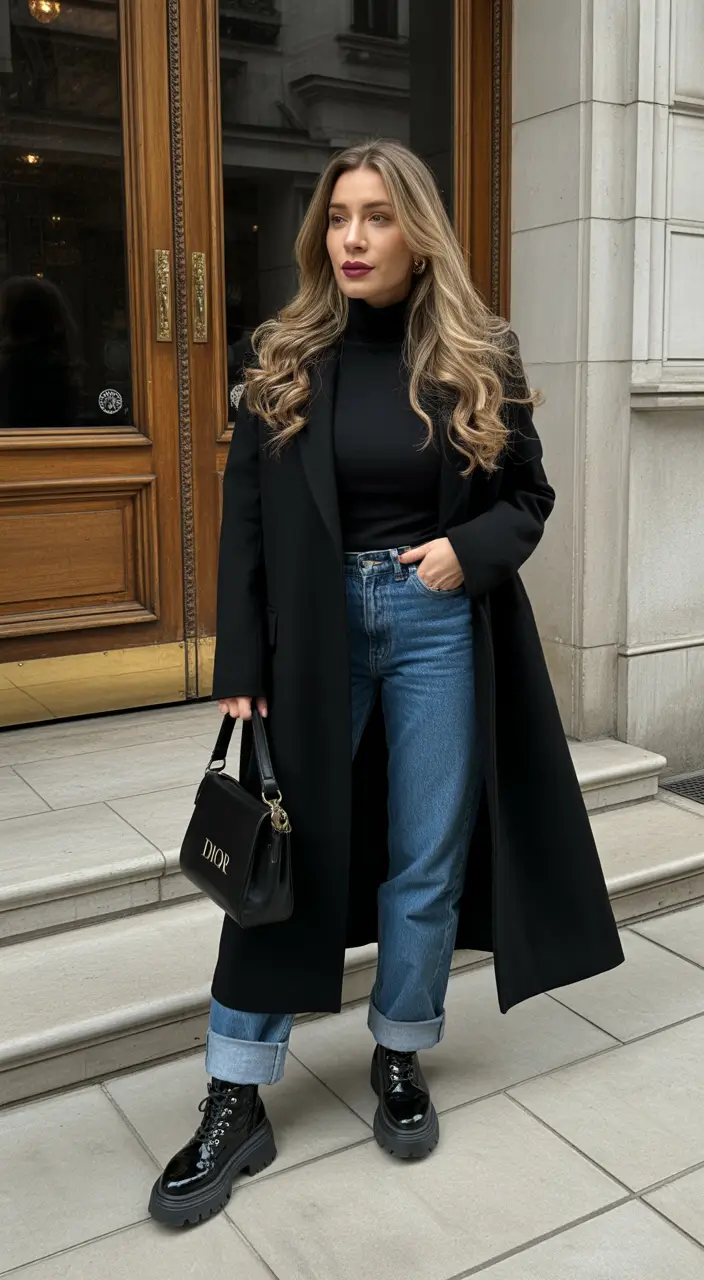 cold weather outfits 2026 Timeless Chic with Denim and Black Layers