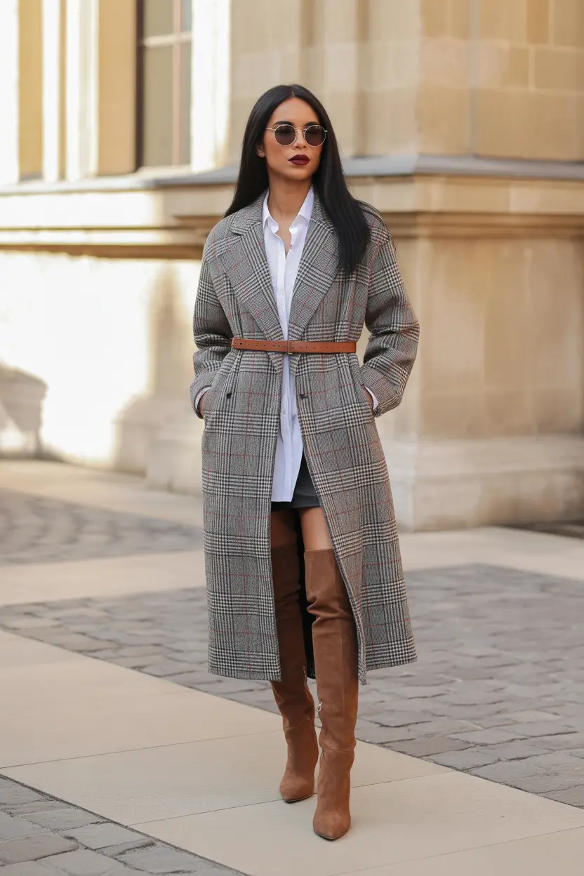 cold weather outfits 2026 Modern Plaid Power with a Belted Silhouette