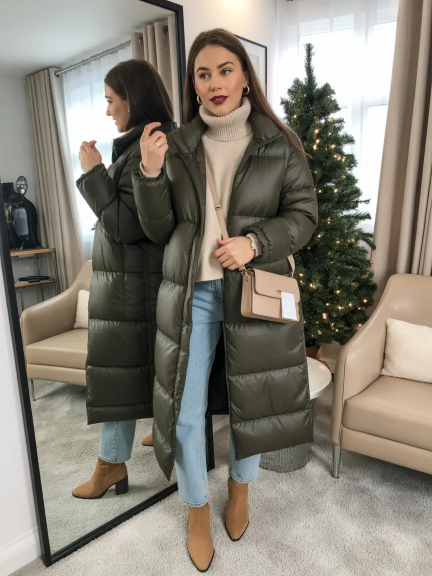 cold weather outfits 2026 Puffer Elegance for Real-World Winter
