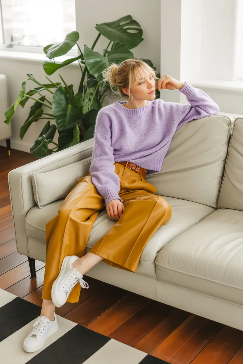sweater outfits 2026 Lavender and Mustard Harmony