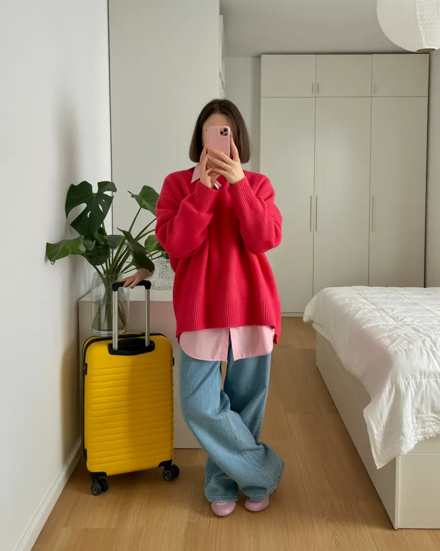 sweater outfits 2026 Travel-Ready Pop of Pink