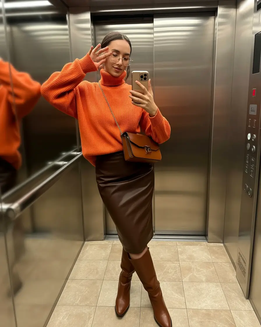 sweater outfits 2026 Polished Orange Elegance