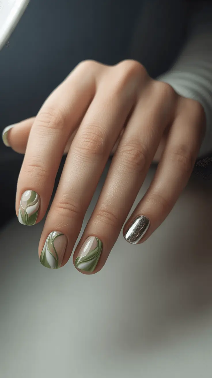 simple christmas nails soft green swirls with chrome accent