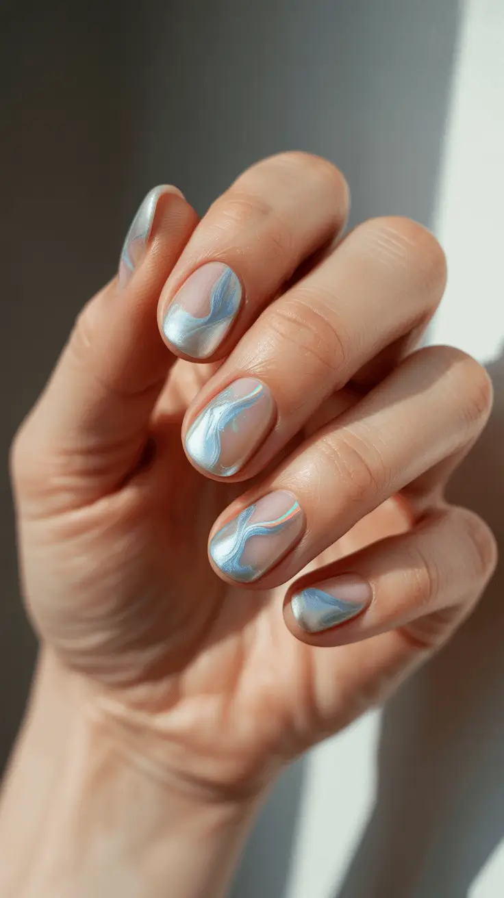 simple christmas nails icy blue marble glow