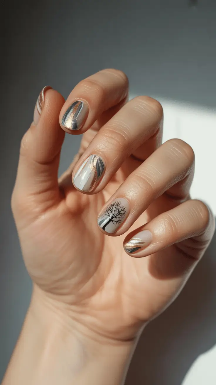 simple christmas nails golden reflections and winter trees