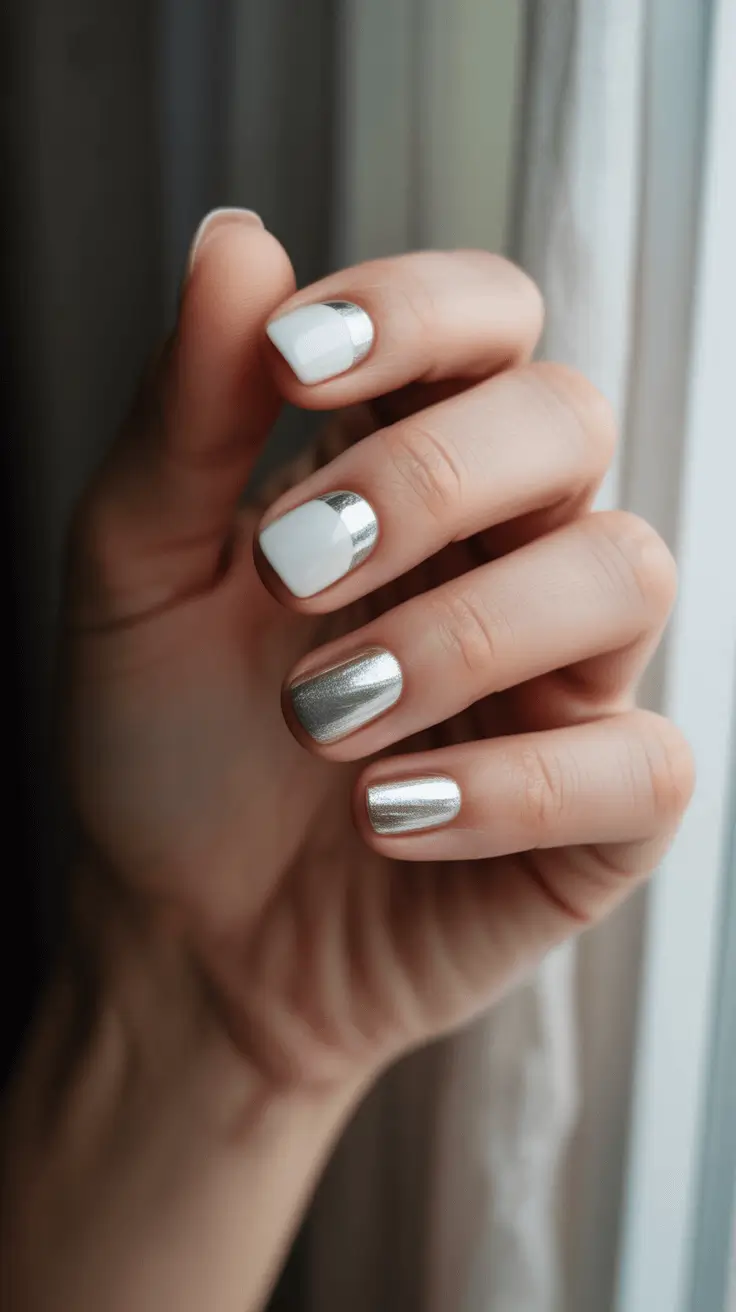 simple christmas nails silver and white classic duo