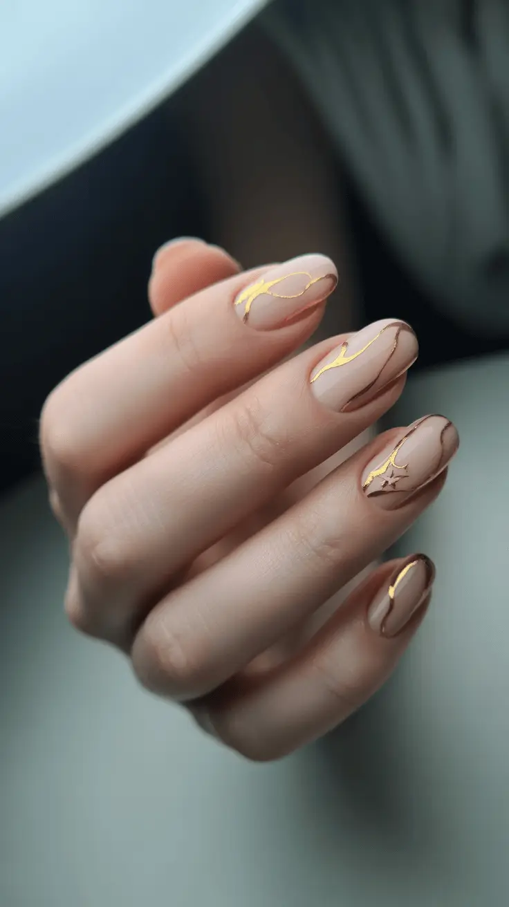 simple christmas nails golden ribbon neutrals