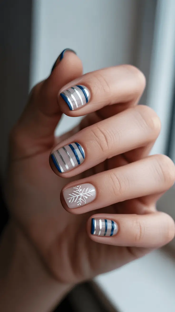 simple christmas nails winter stripes and snowflake magic
