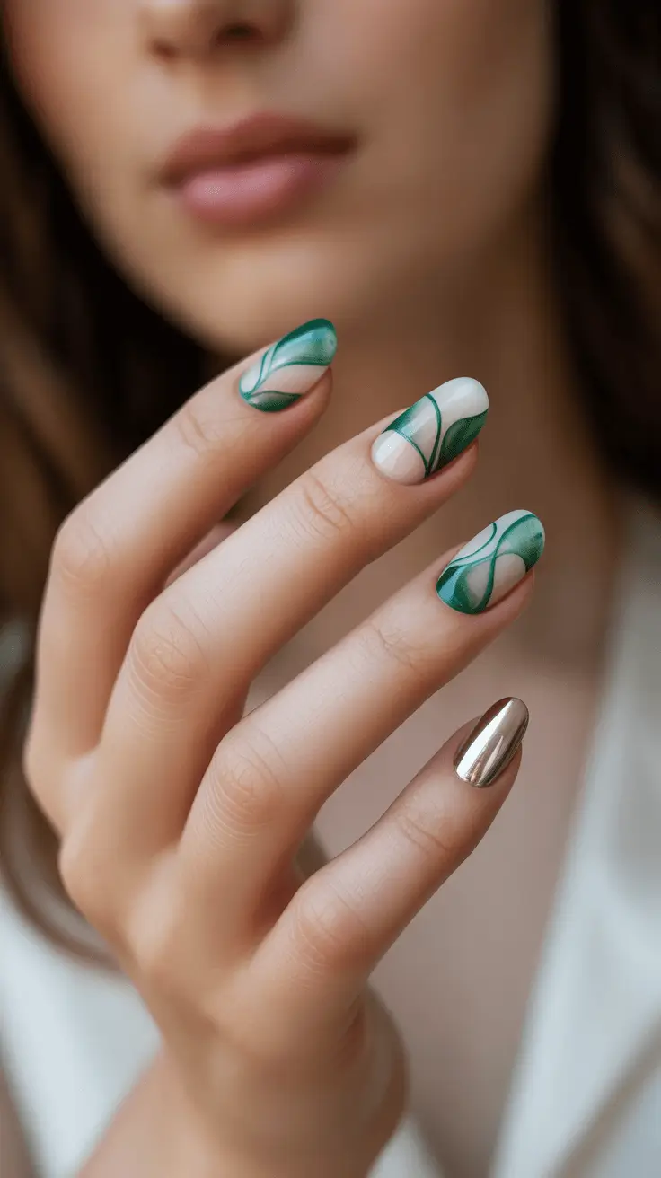 simple christmas nails emerald flow and chrome drama