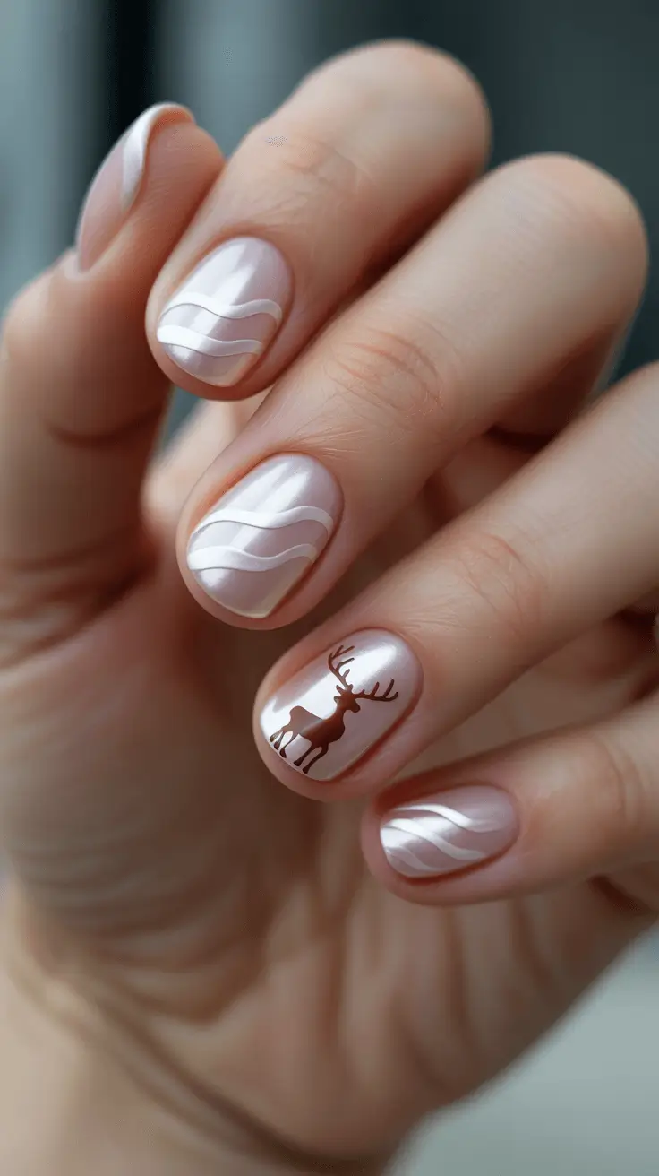 simple christmas nails frosted white and reindeer accent