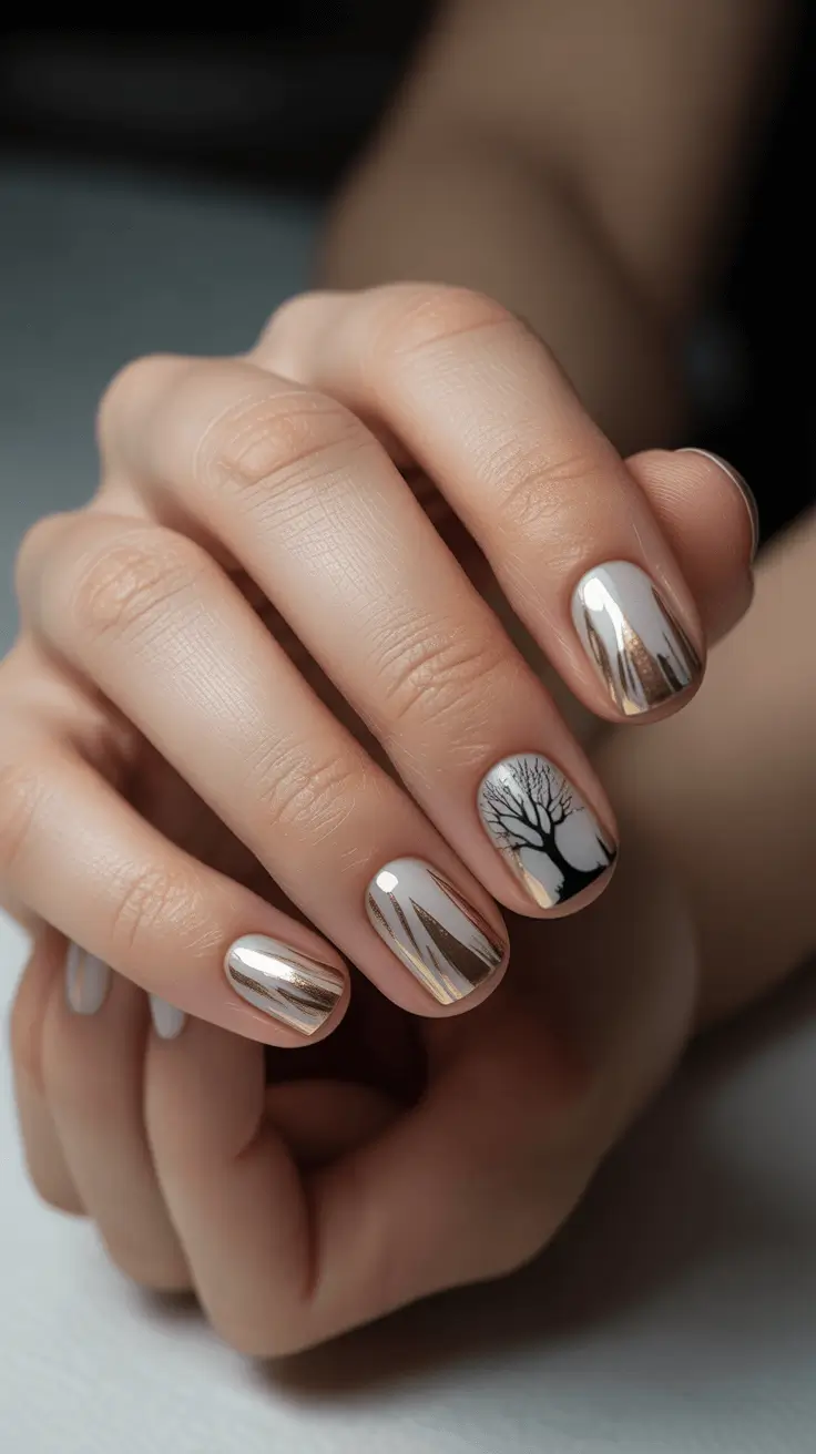 simple christmas nails metallic forest night