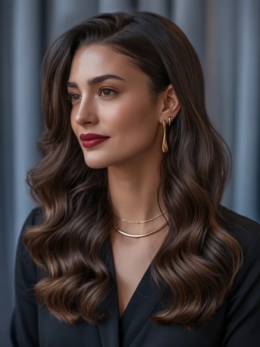 dark brown hair color Classic Espresso Glam With Gentle Wave Definition