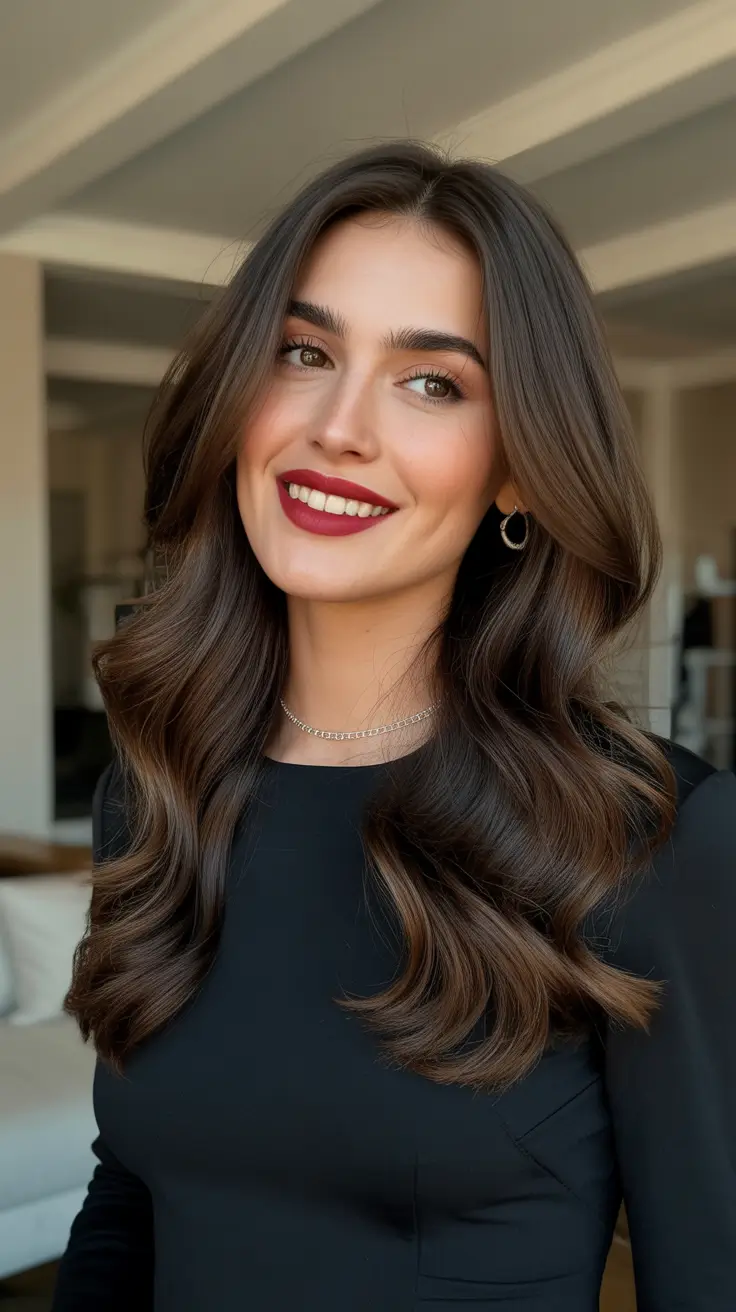 dark brown hair color Classic Mocha Layers With Soft Radiant Movement