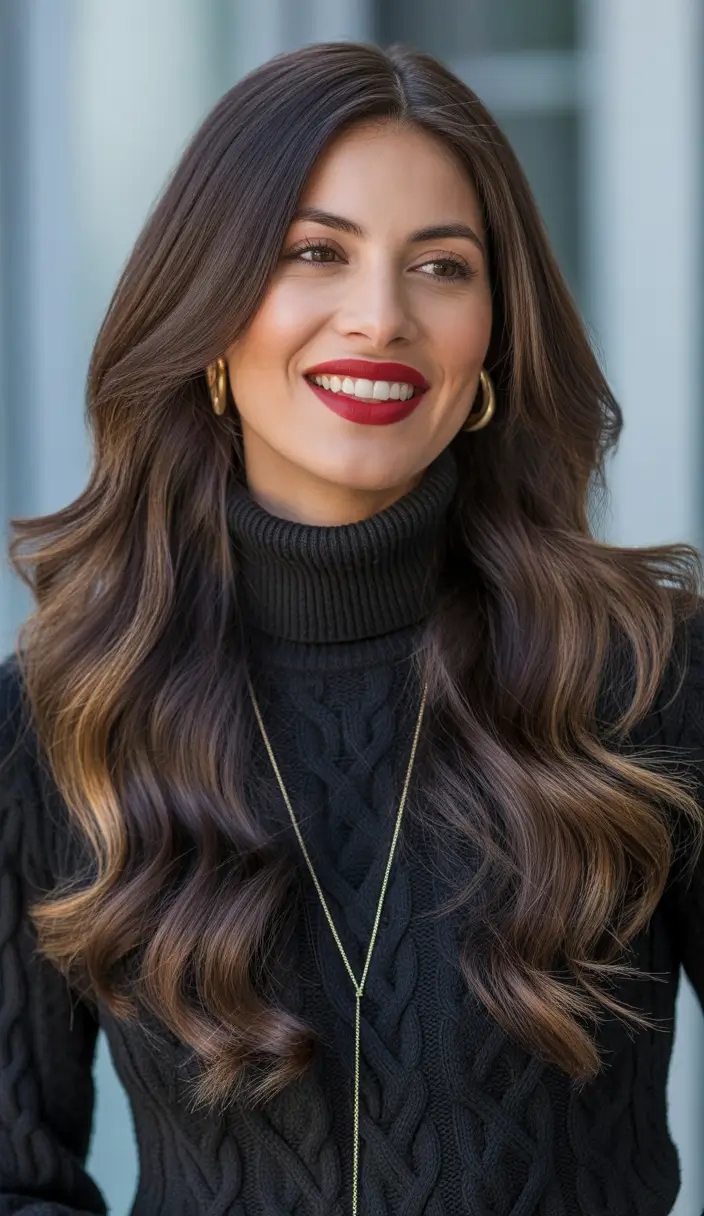 dark brown hair color Warm Brunette Balayage With Golden End Accents