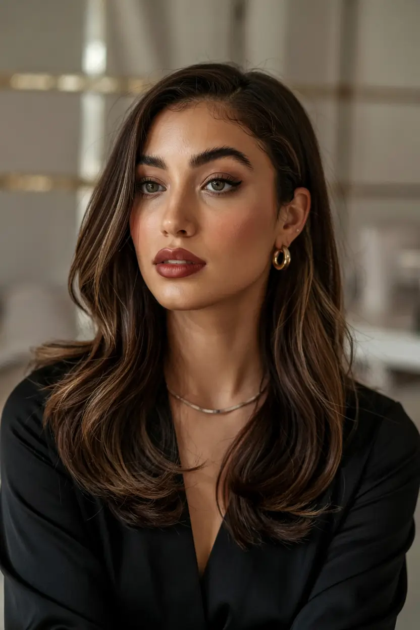 dark brown hair color Neutral Brunette Contour With Soft Rounded Layers