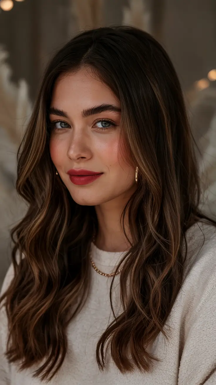 dark brown hair color Sunlit Brunette Waves With Light Honey Ribbons