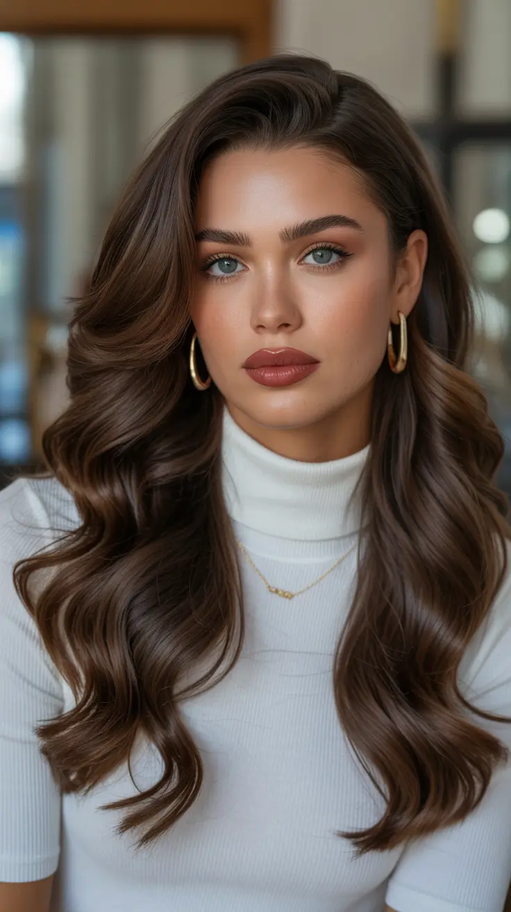 dark brown hair color Modern Chocolate With Classic Soft Volume