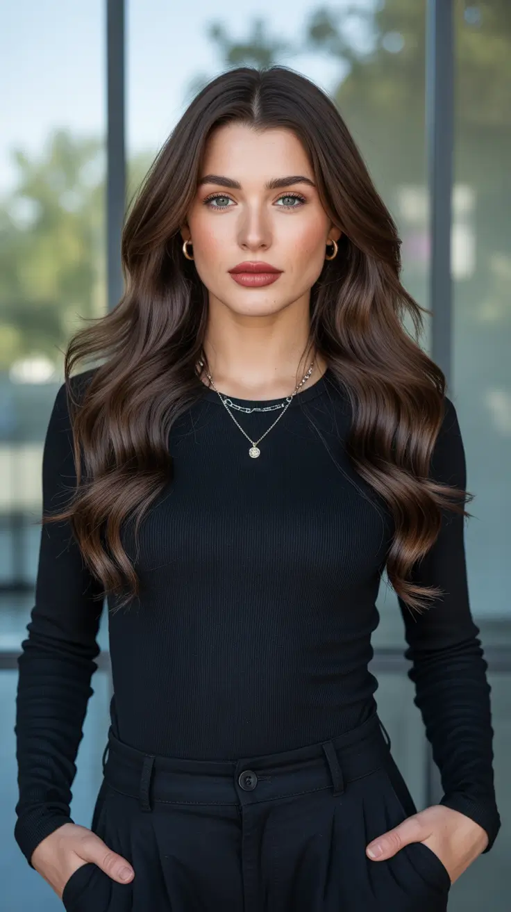 dark brown hair color Chocolate Brunette Waves With Seamless Depth