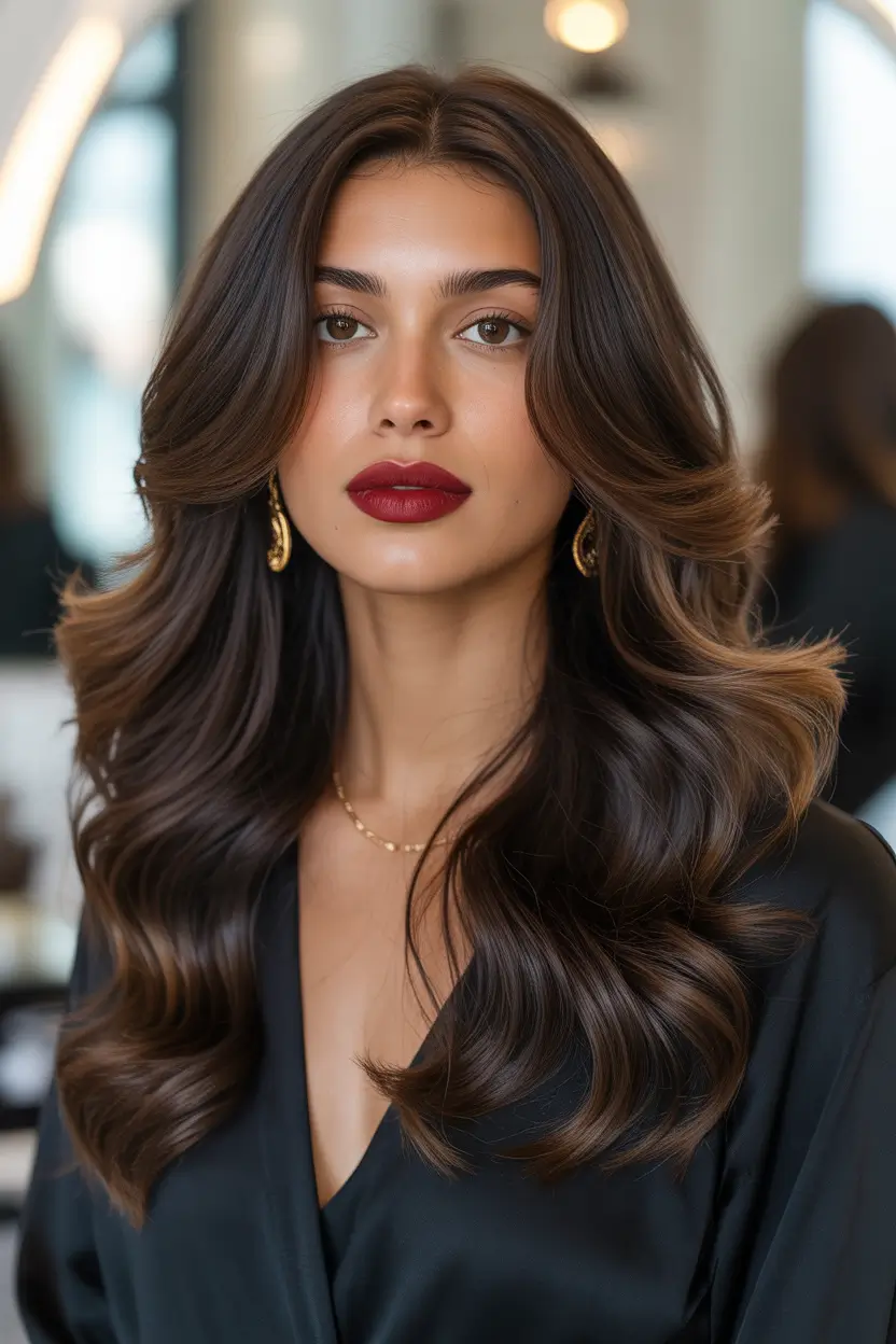 dark brown hair color Layered Chestnut Contour With Voluminous Waves
