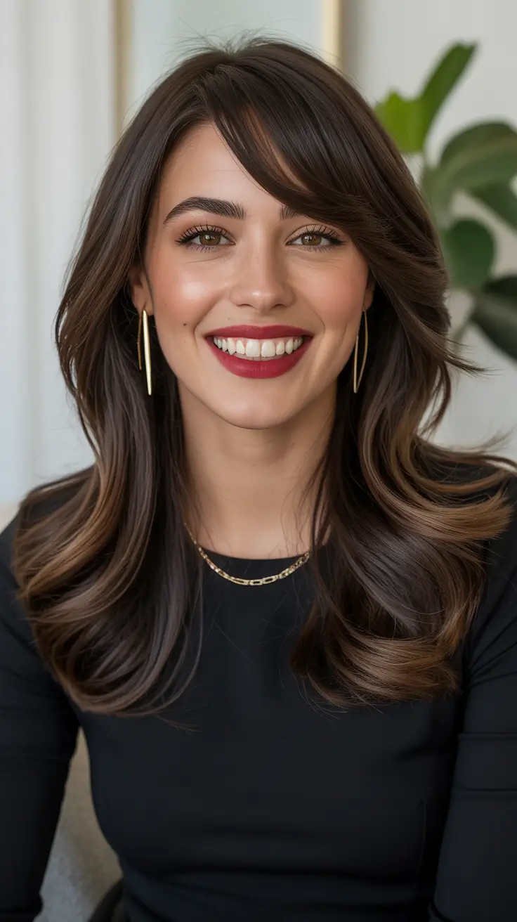 dark brown hair color Cocoa Brunette With Rooted Contour And Flowy Ends