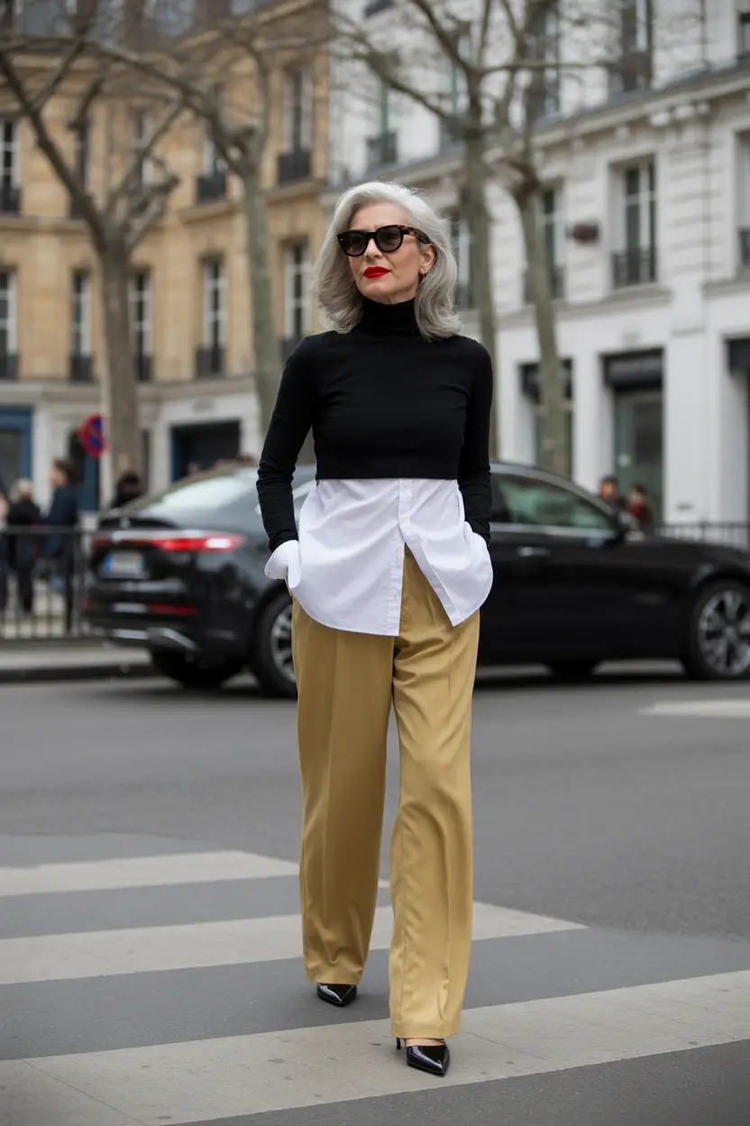 outfits for women over 40 Black White and Gold Parisian Precision