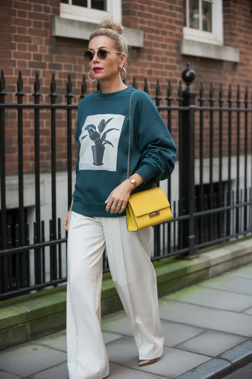 outfits for women over 40 Street Luxe with a Pop of Sunshine