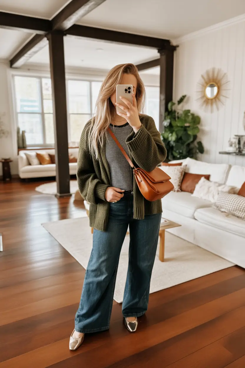 mom outfits Olive Layers and Warm Comfort