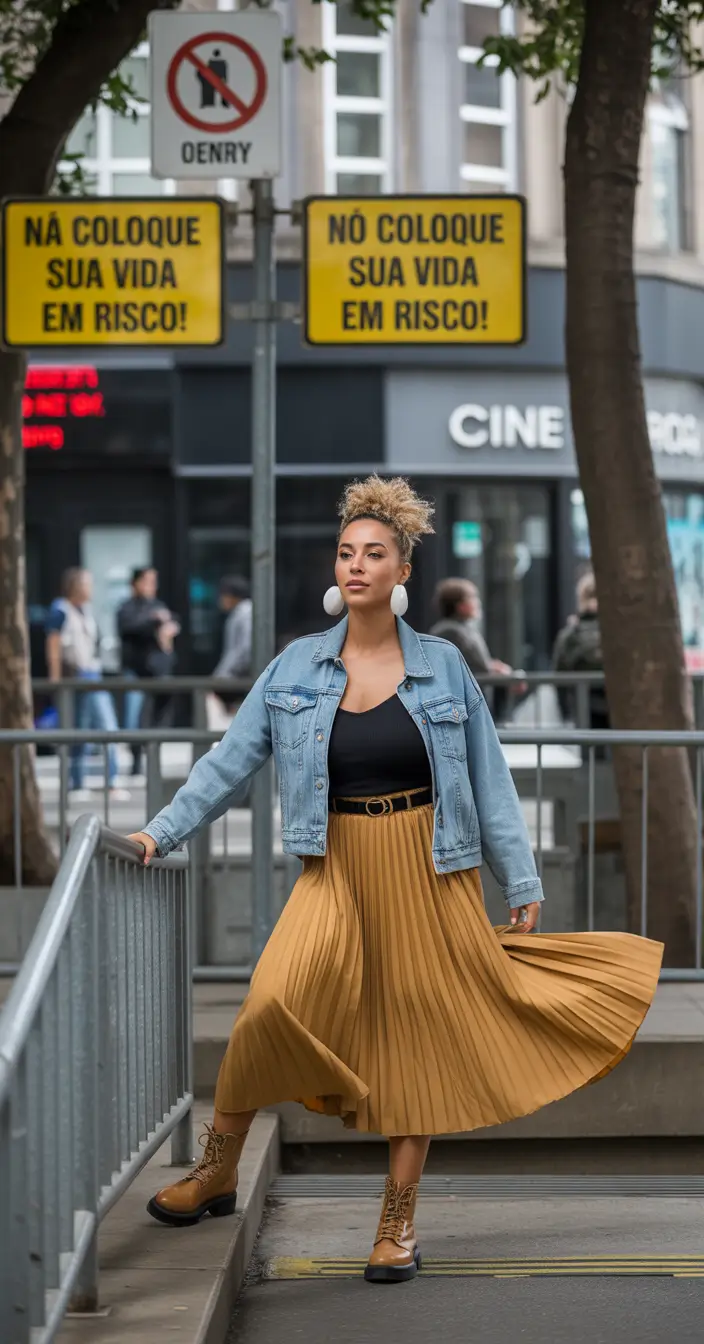mom outfits Golden Pleats and Denim Ease
