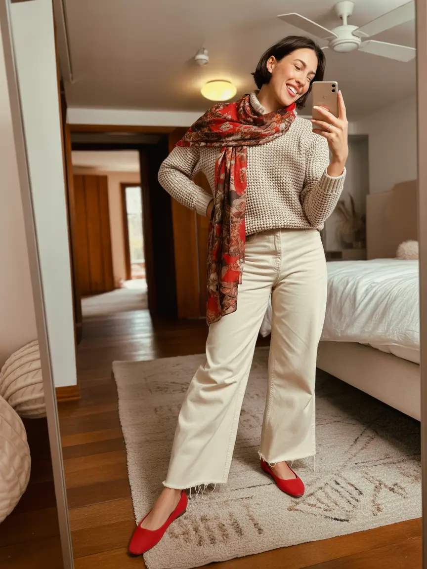 mom outfits Soft Textures and Red Accents