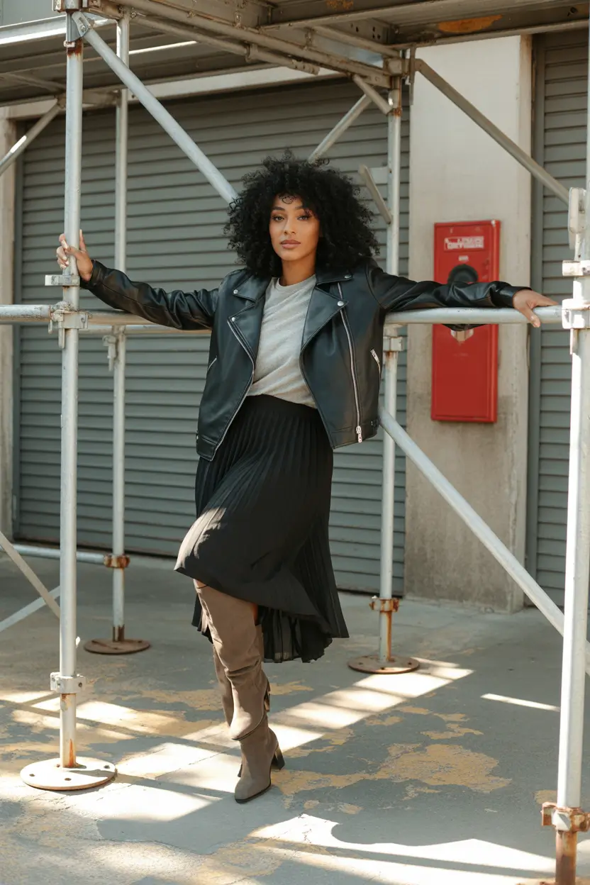 mom outfits Black Pleats and Leather Confidence