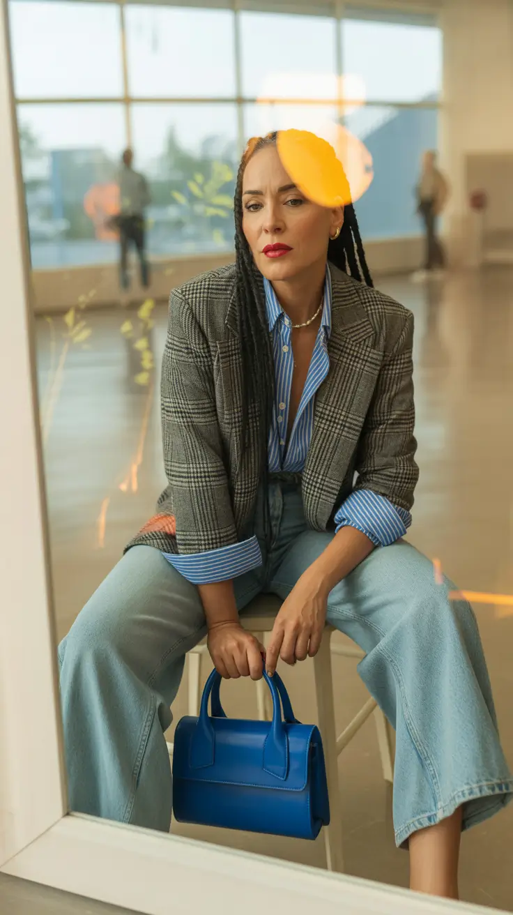 every day outfits 2026 Gray Plaid Tailoring And Bold Blue Accents For Modern Everyday Structure