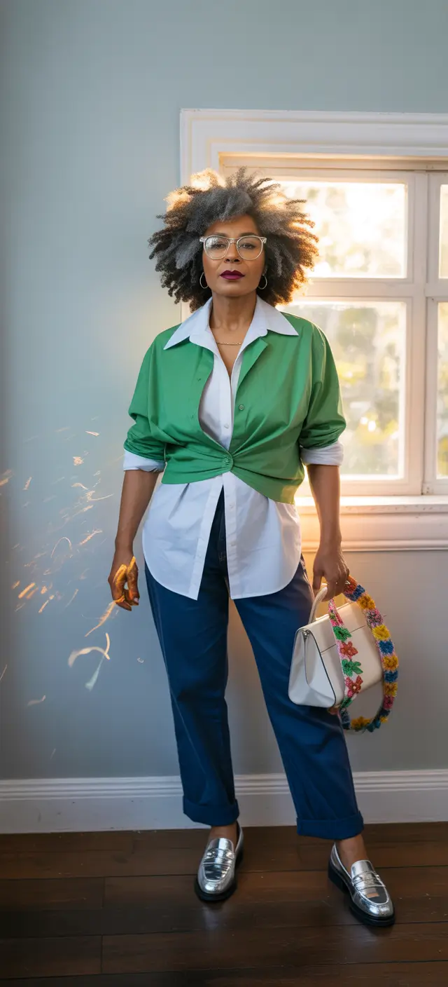 every day outfits 2026 Green Layers And Metallic Confidence For Smart Casual Energy