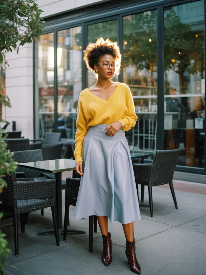 every day outfits 2026 Bold Sweater Elegance With Midi Skirt Flair