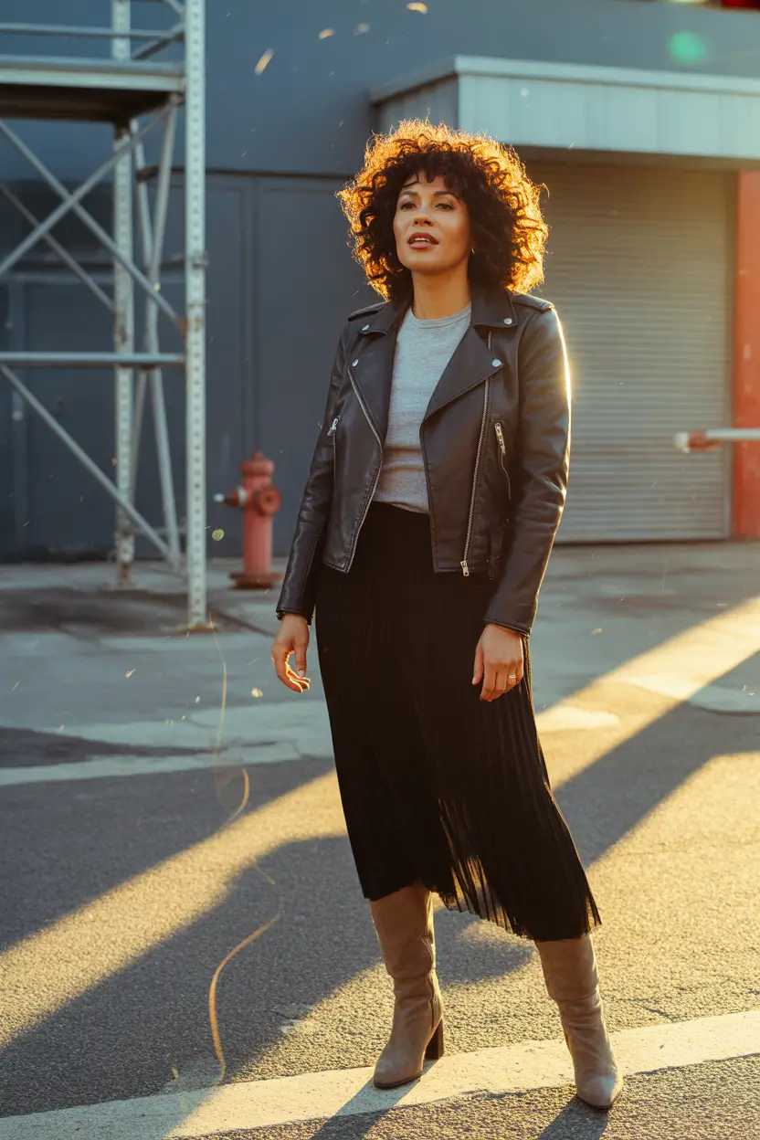 every day outfits 2026 Black Leather And Pleated Textures For Dark Feminine Ease