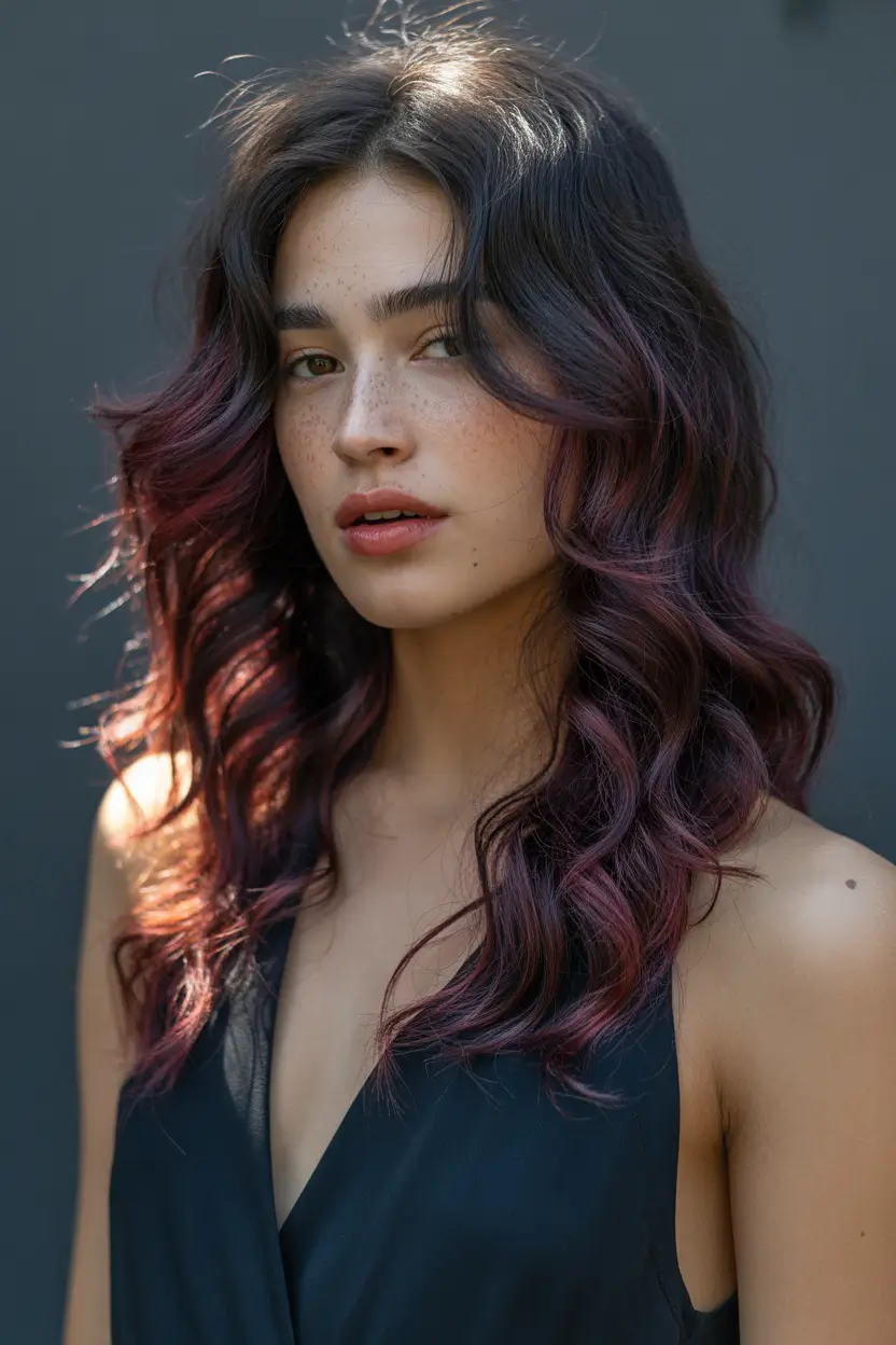 hair color ideas Soft plum waves with midnight contrast