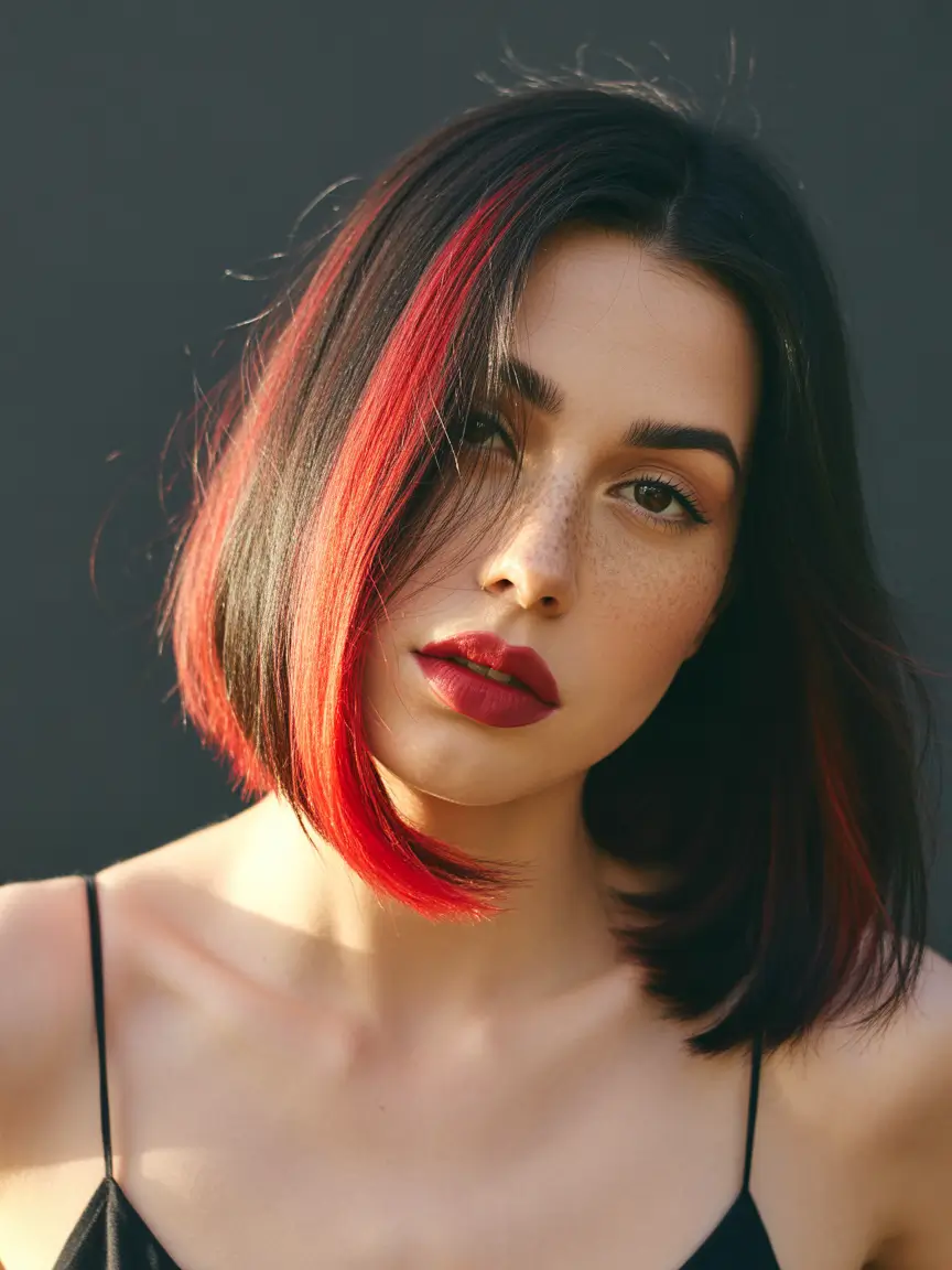 hair color ideas Scarlet streak contouring for edgy contrast