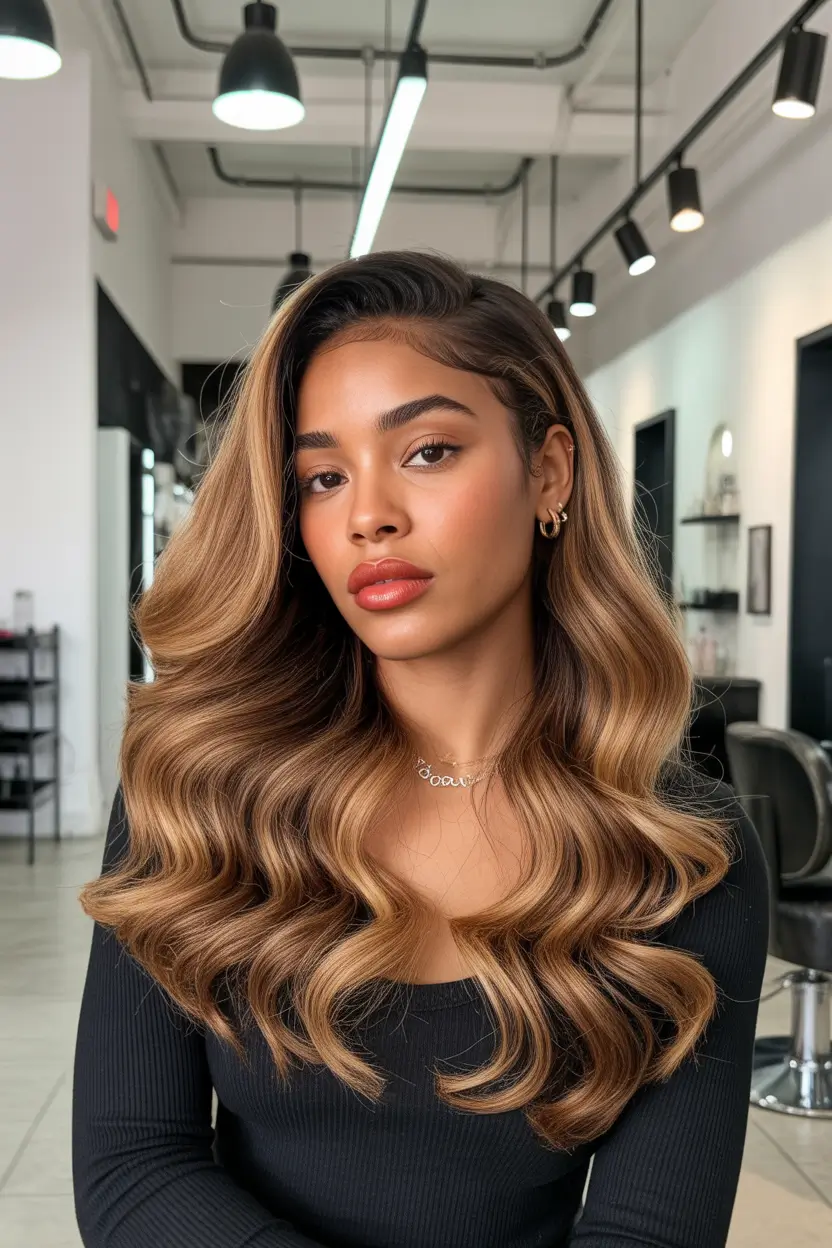 honey brown hair color 2026 Honey Caramel Waves On Dark Skin