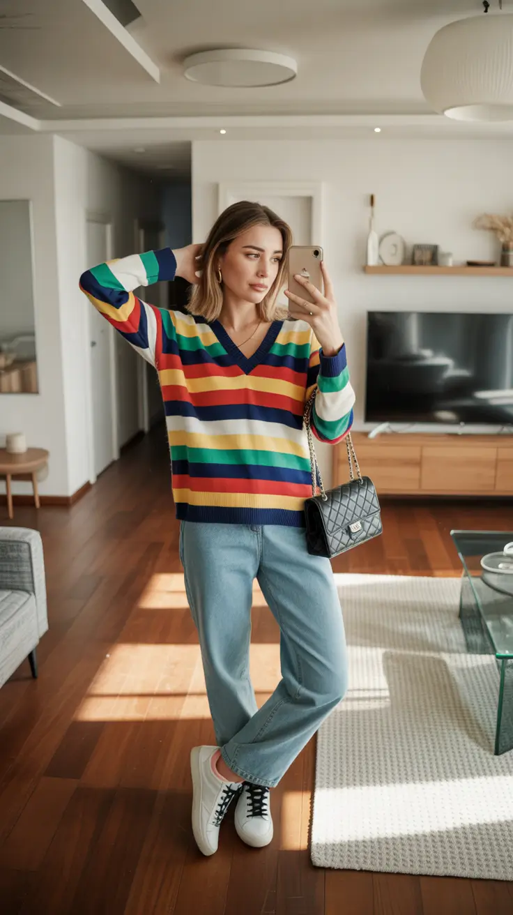 lazy day outfits ideas 2026 Rainbow stripes with easy denim