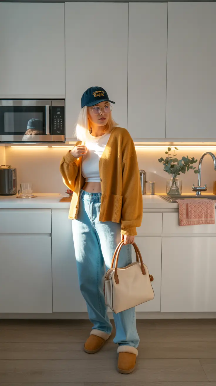 lazy day outfits ideas 2026 Golden cardigan and denim ease