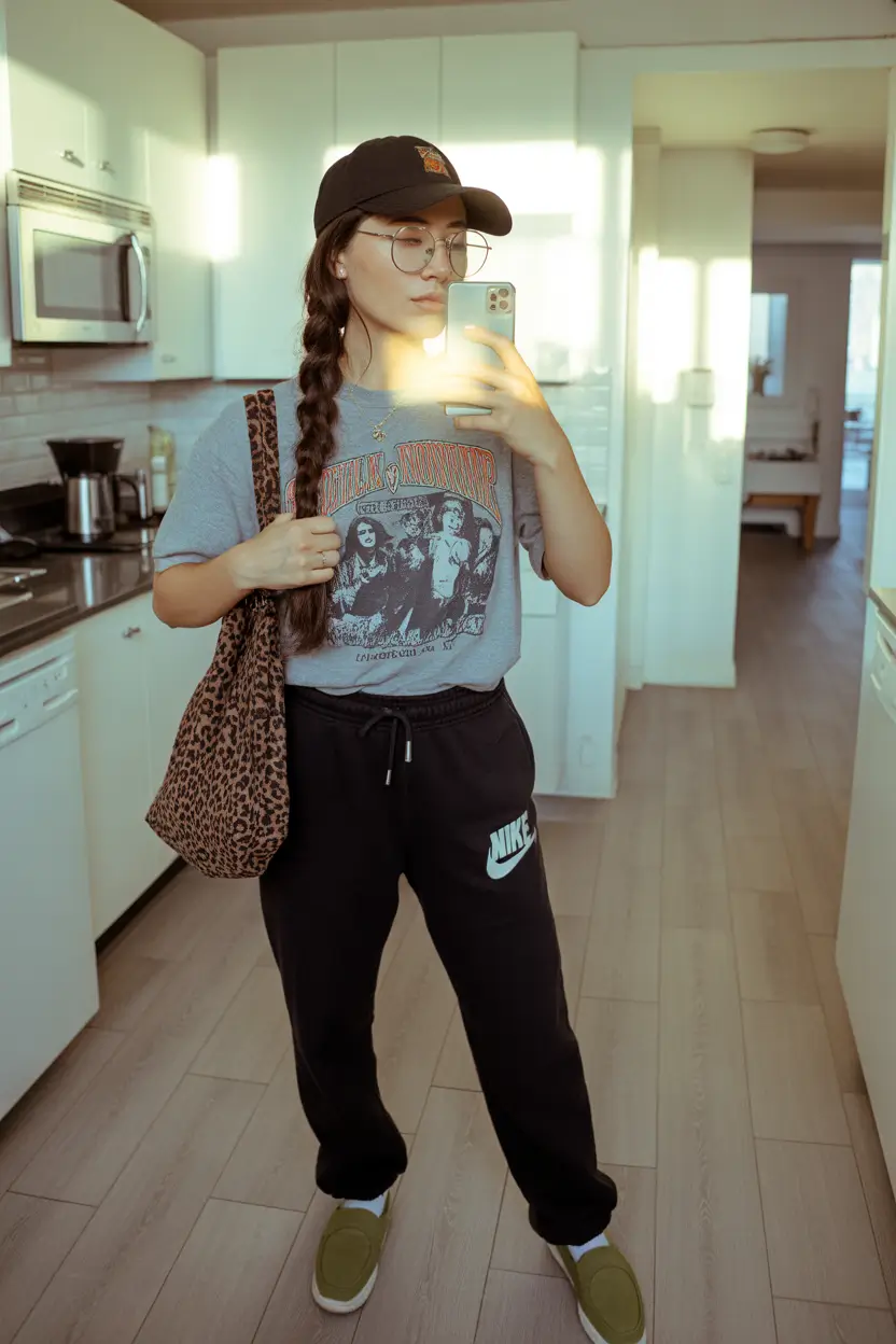 lazy day outfits ideas 2026 Classic black sweats with vintage ease