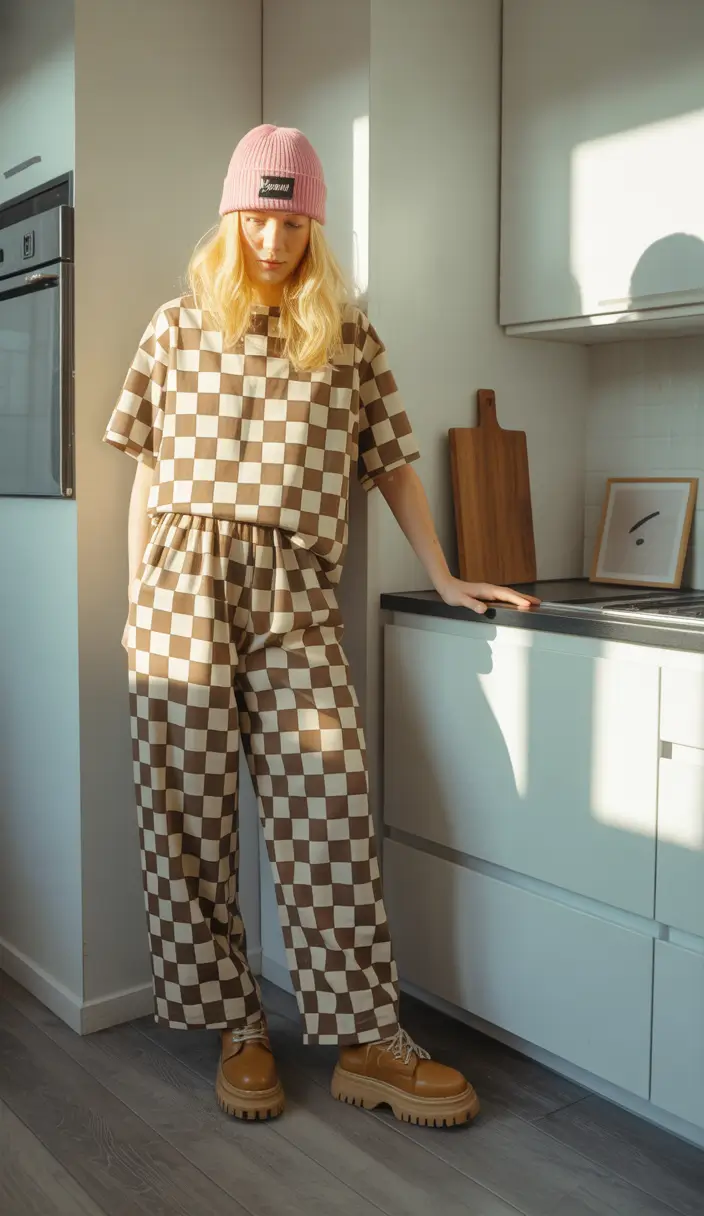 lazy day outfits ideas 2026 Checkerboard set with a warm twist