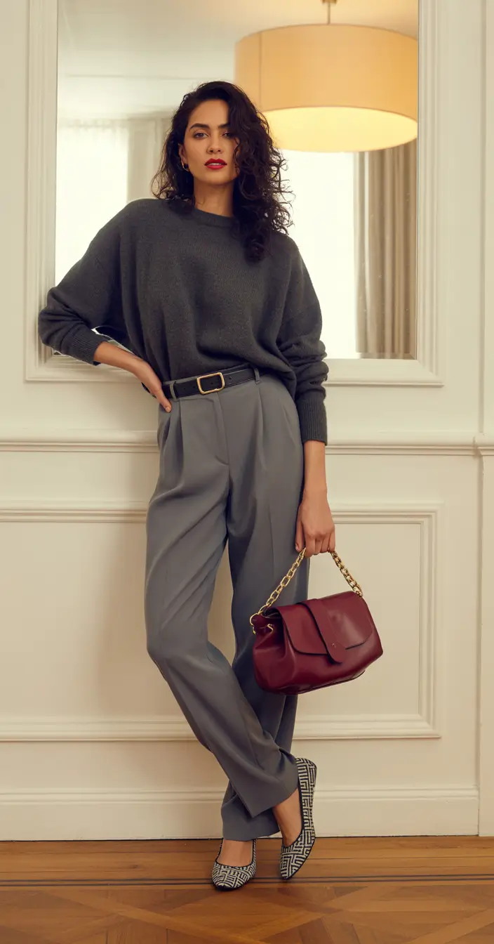 office outfits soft greys bordeaux
