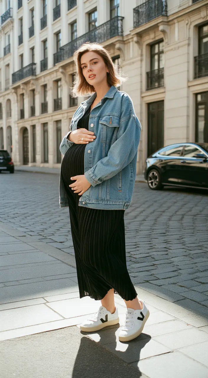 pregnancy outfit inspiration 2026 downtown denim with pleated ease