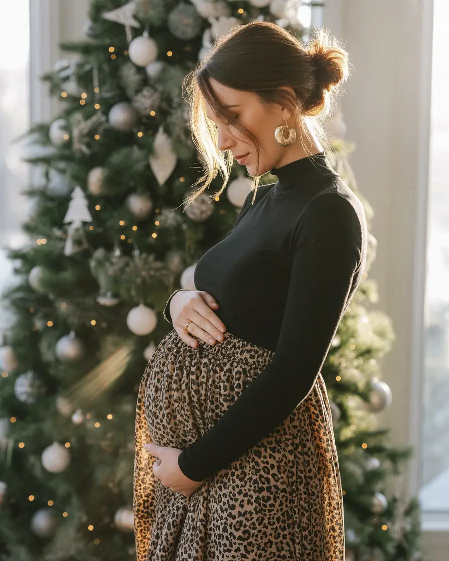 pregnancy outfit inspiration 2026 holiday warmth with playful prints